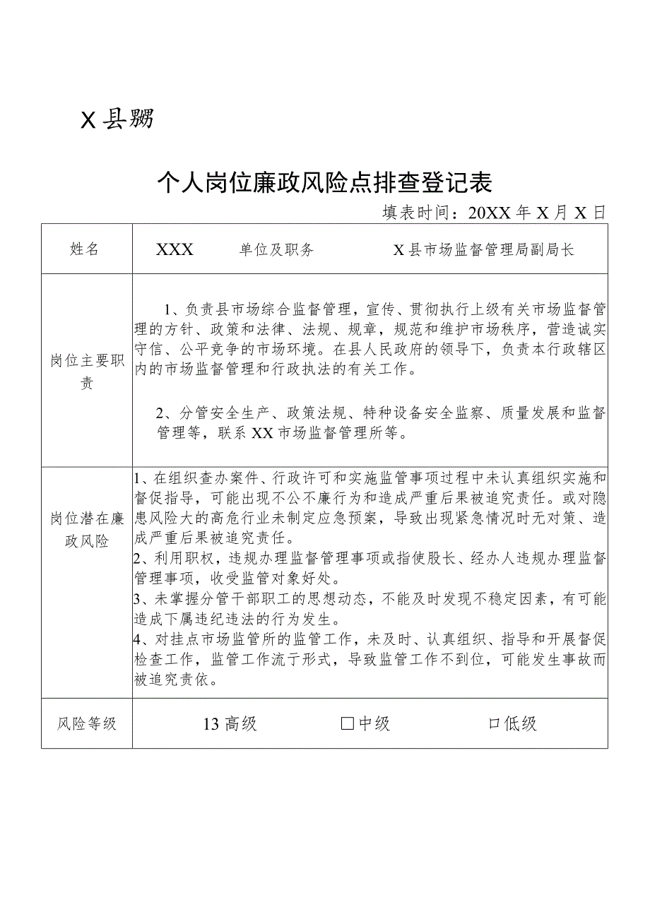 某县市场监督管理部门分管安全生产政策法规特种设备安全监察质量发展和监督管理等副职个人岗位廉政风险点排查登记表.docx_第1页