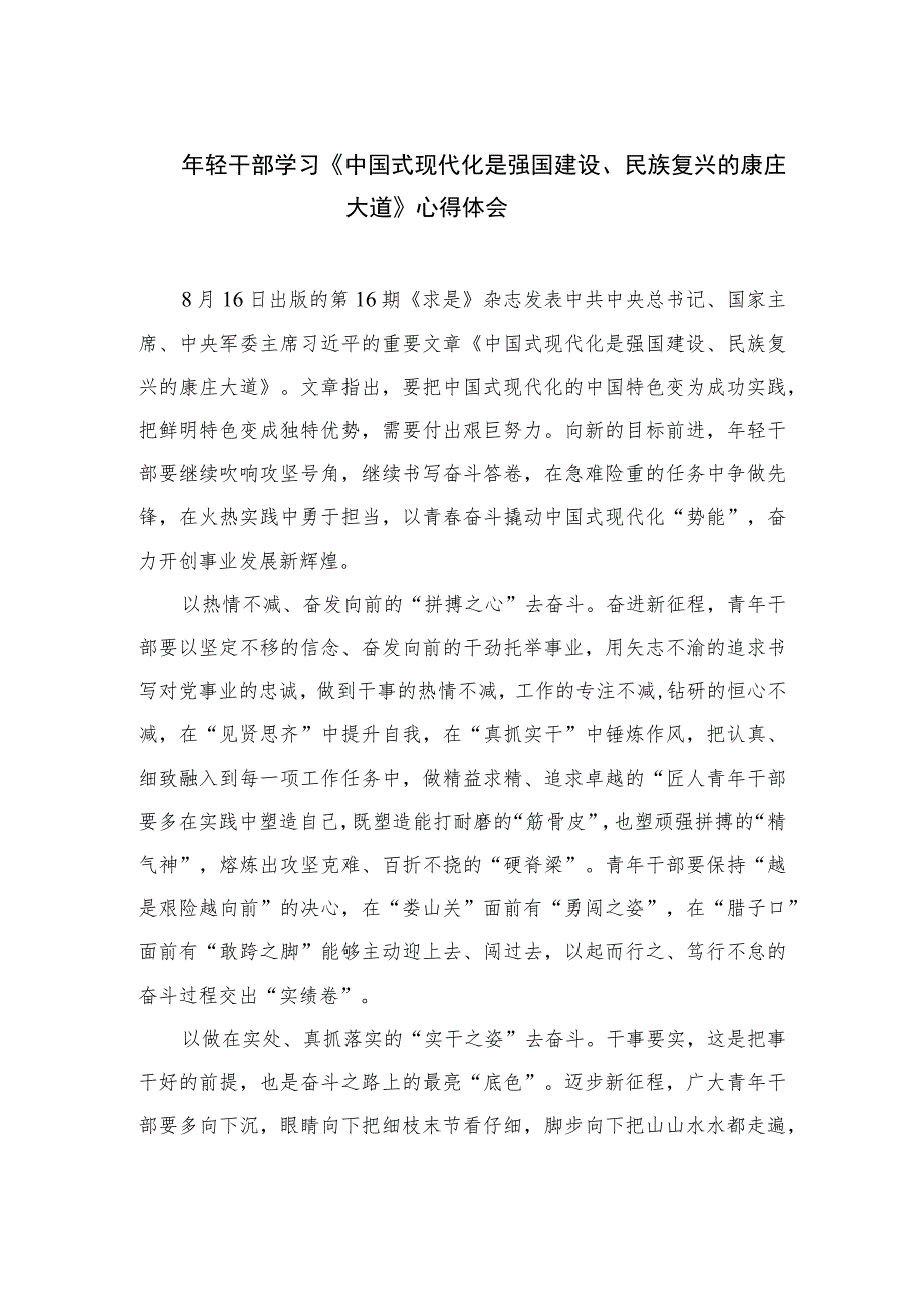 2023年轻干部学习《中国式现代化是强国建设、民族复兴的康庄大道》心得体会精选10篇.docx_第1页