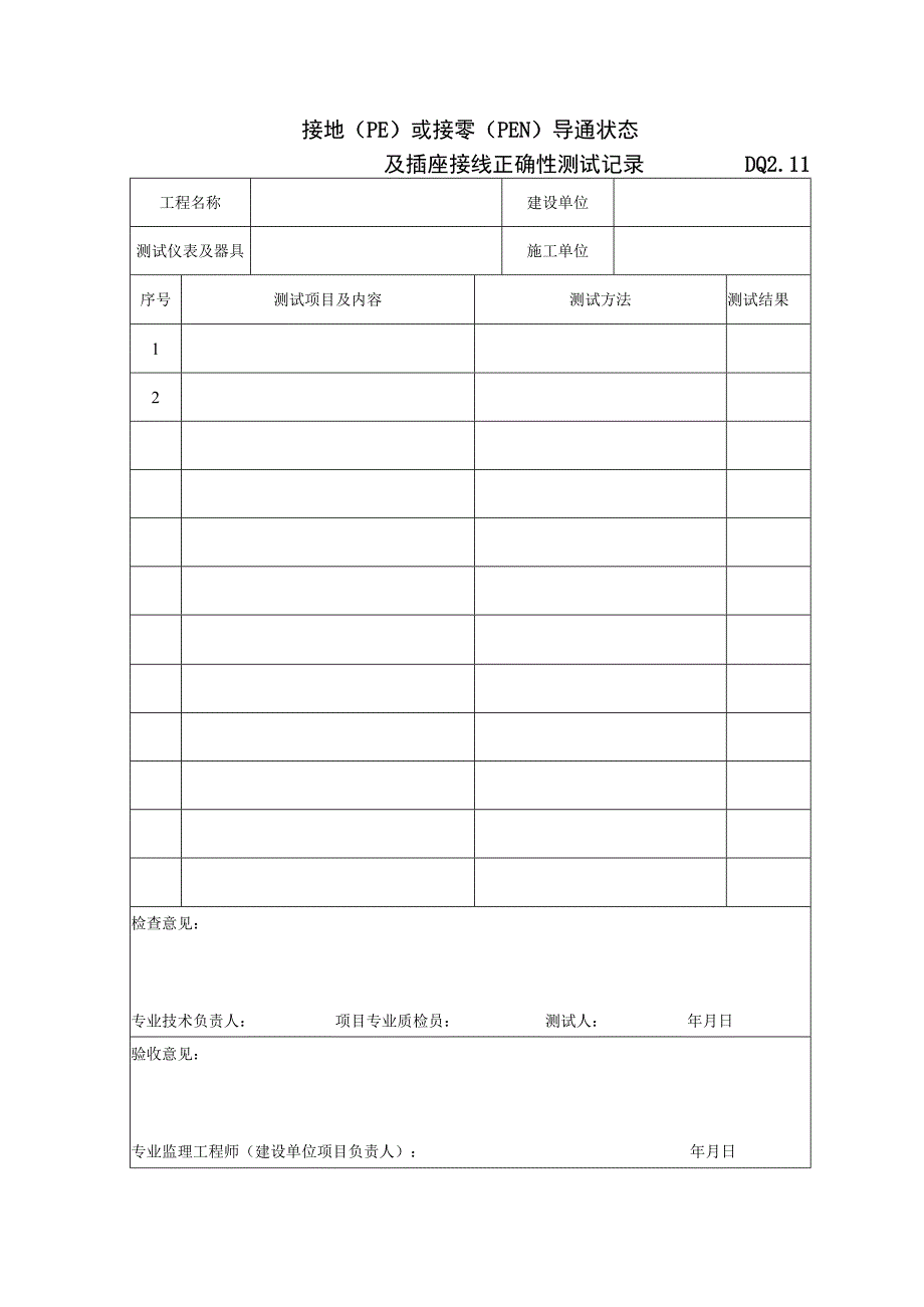 DQ2.11 接地（PE）或接零（PEN）导通状态及插座接线正确性测试记录.docx_第1页