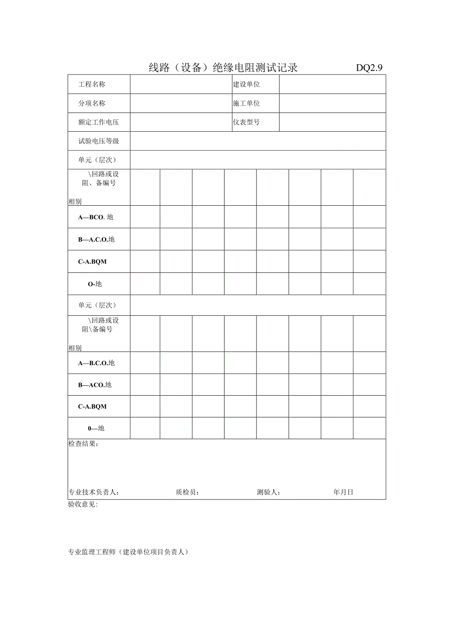 DQ2.9 线路（设备）绝缘电阻测试记录.docx_第1页