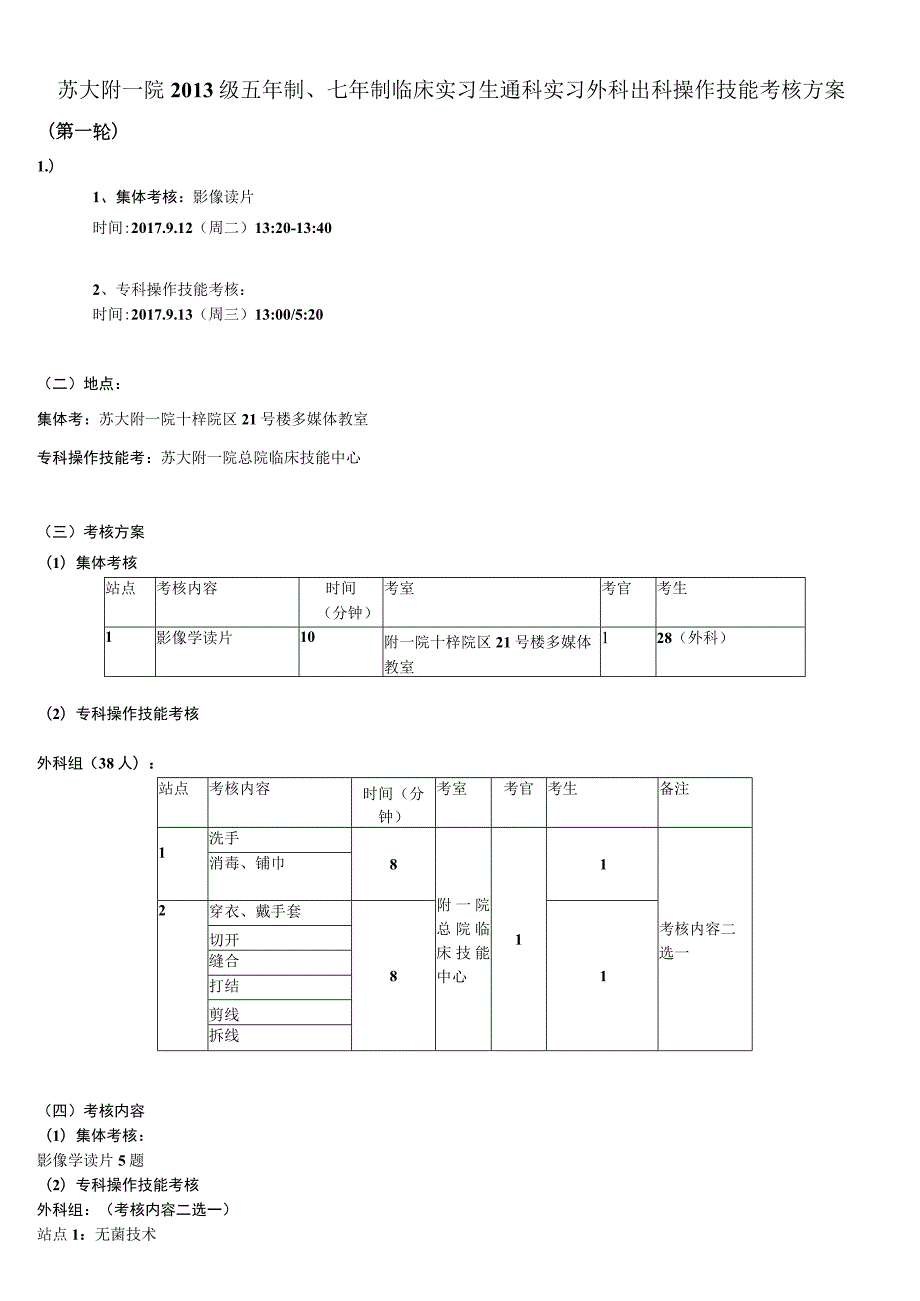苏大附一院2013级五年制、七年制临床实习生通科实习外科出科操作技能考核方案.docx_第1页