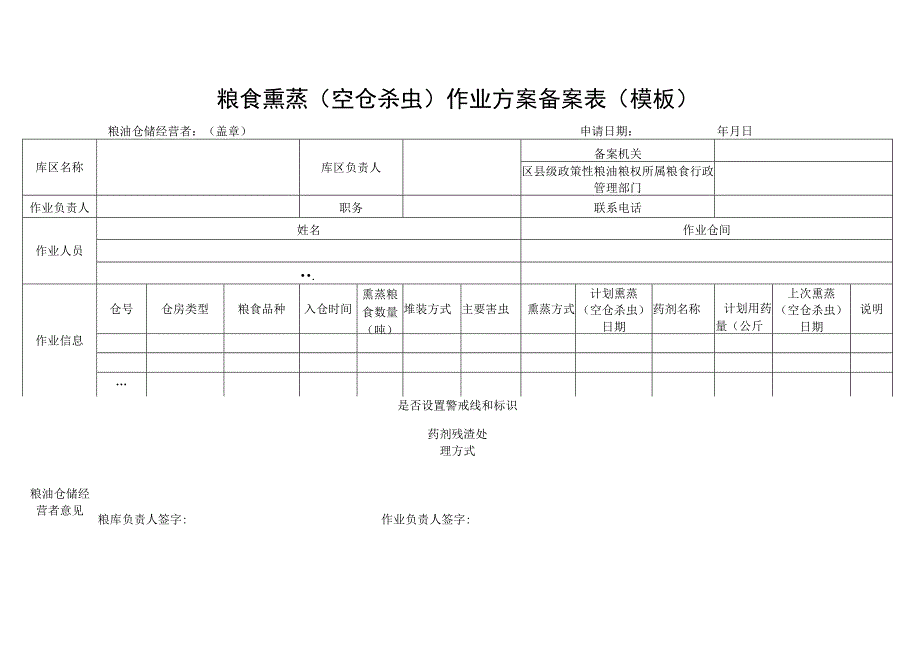 粮食熏蒸空仓杀虫作业方案备案表模板粮油仓储经营者盖章申请日期年月日.docx_第1页