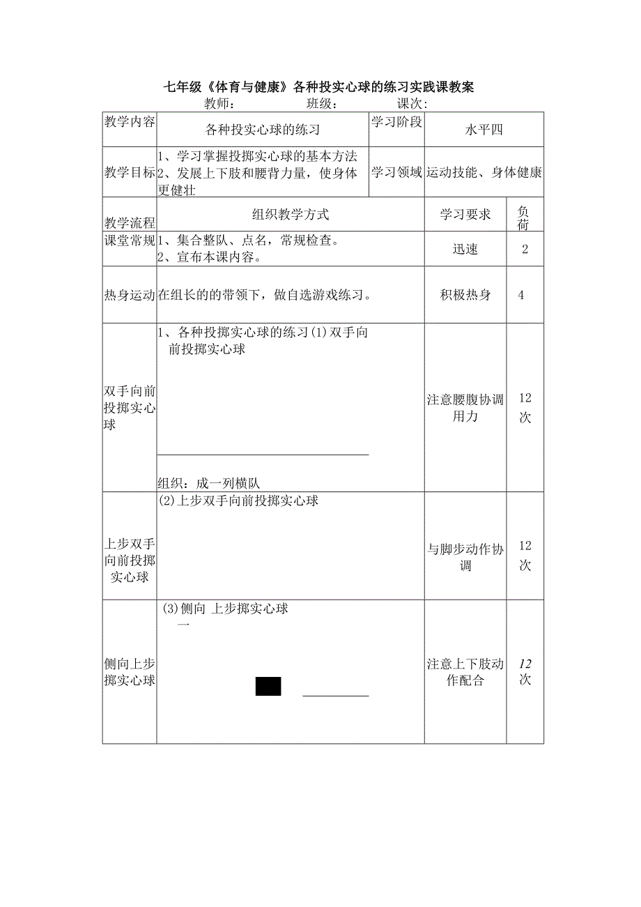 七年级《体育与健康》各种投实心球的练习实践课教案.docx_第1页