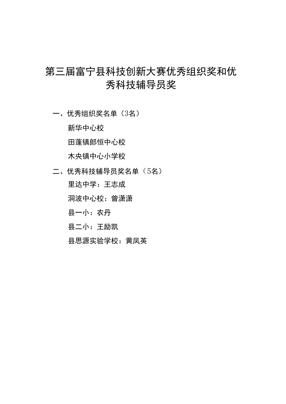 第三届富宁县科技创新大赛优秀组织奖和优秀科技辅导员奖.docx_第1页