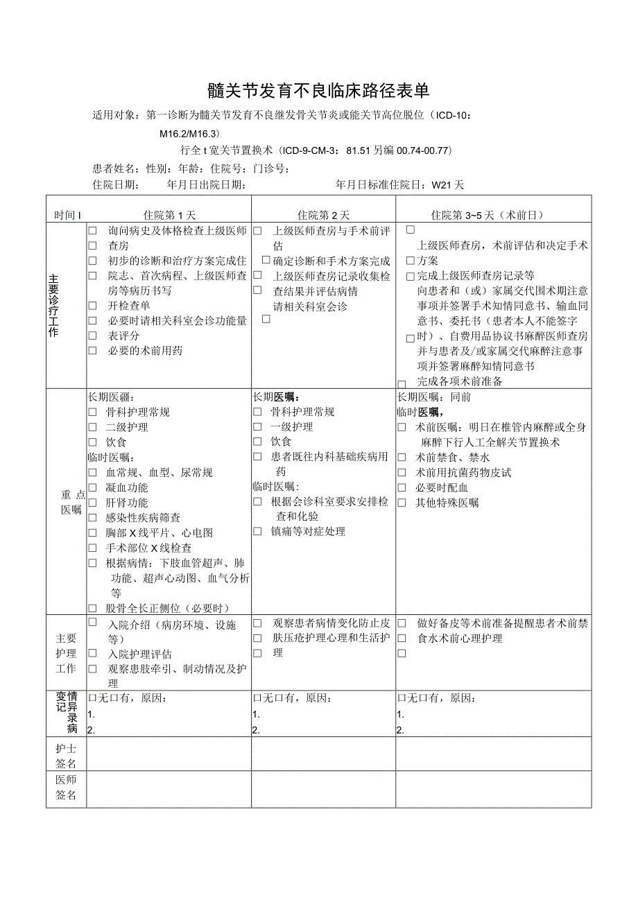 髋关节发育不良临床路径表单.docx_第1页