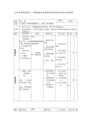 七年级体育课第十一周跳绳向前摇绳编花跳和游戏跑过跳绳教案.docx