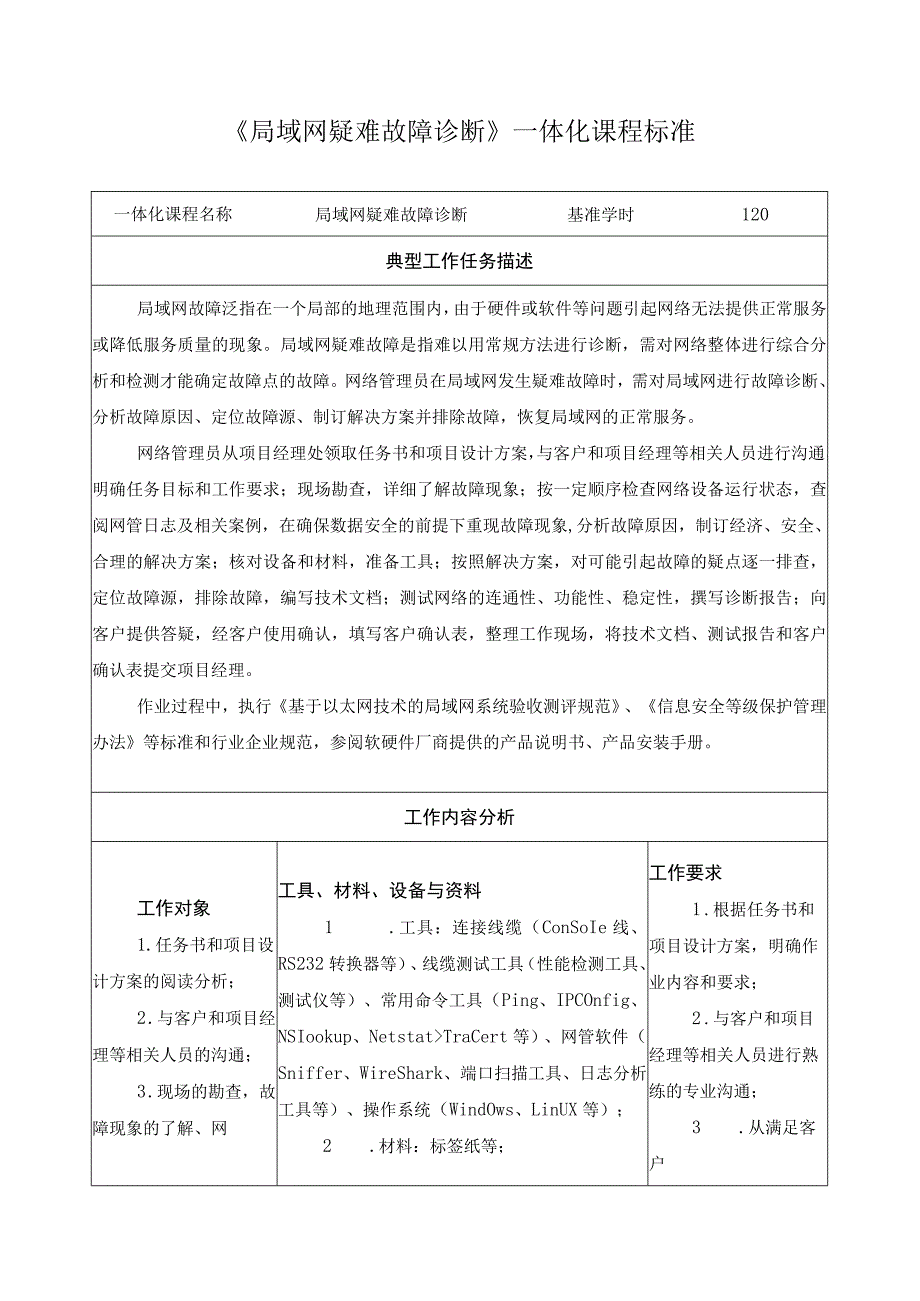 《局域网疑难故障诊断》一体化课程标准.docx_第1页