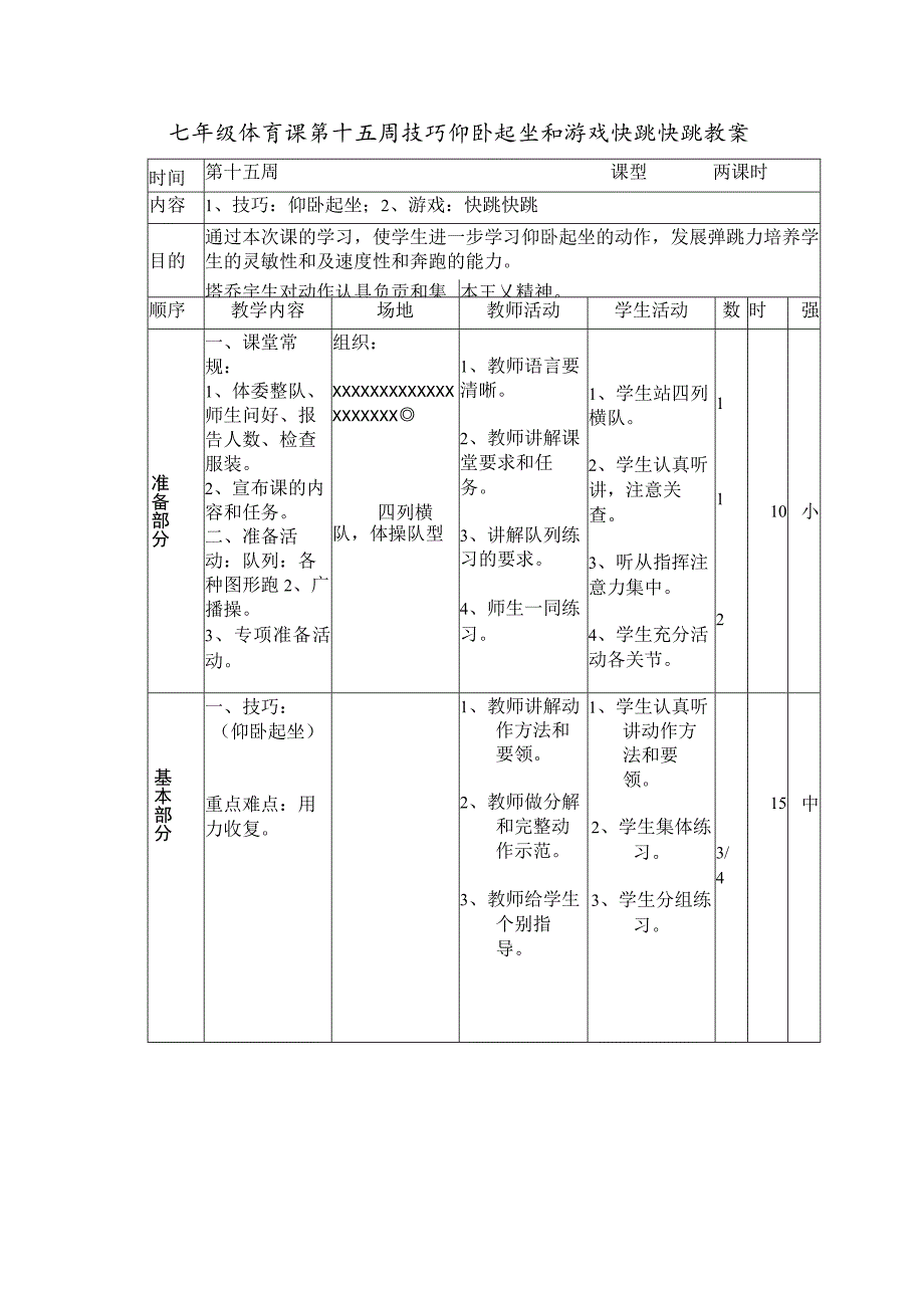 七年级体育课第十五周技巧仰卧起坐和游戏快跳快跳教案.docx_第1页