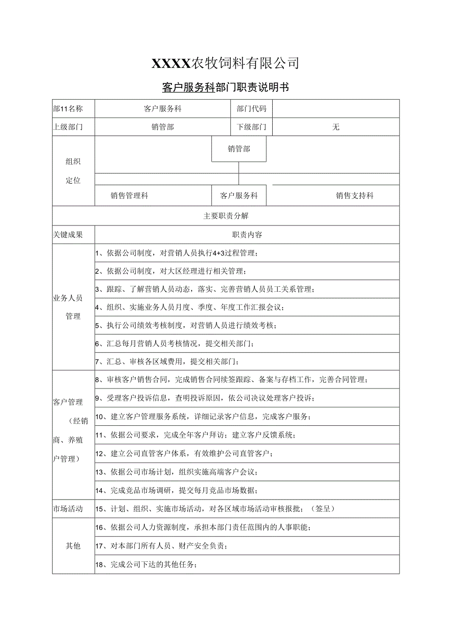 客户服务科部门职责（饲料行业）.docx_第1页