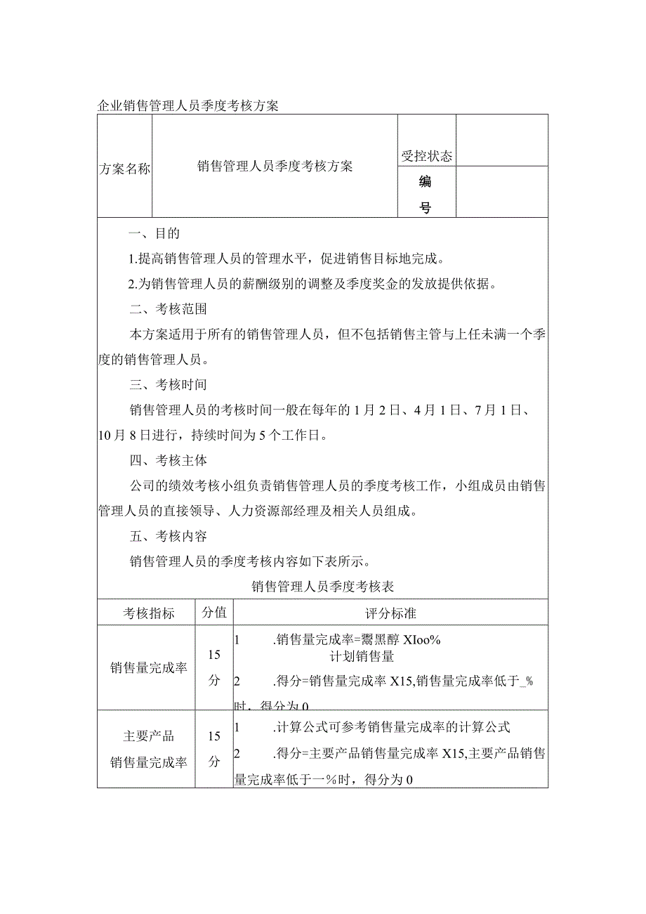 企业销售管理人员季度考核方案.docx_第1页