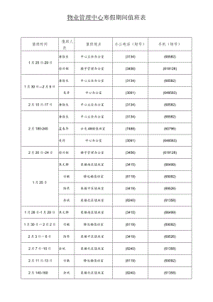 物业管理中心寒假期间值班表.docx