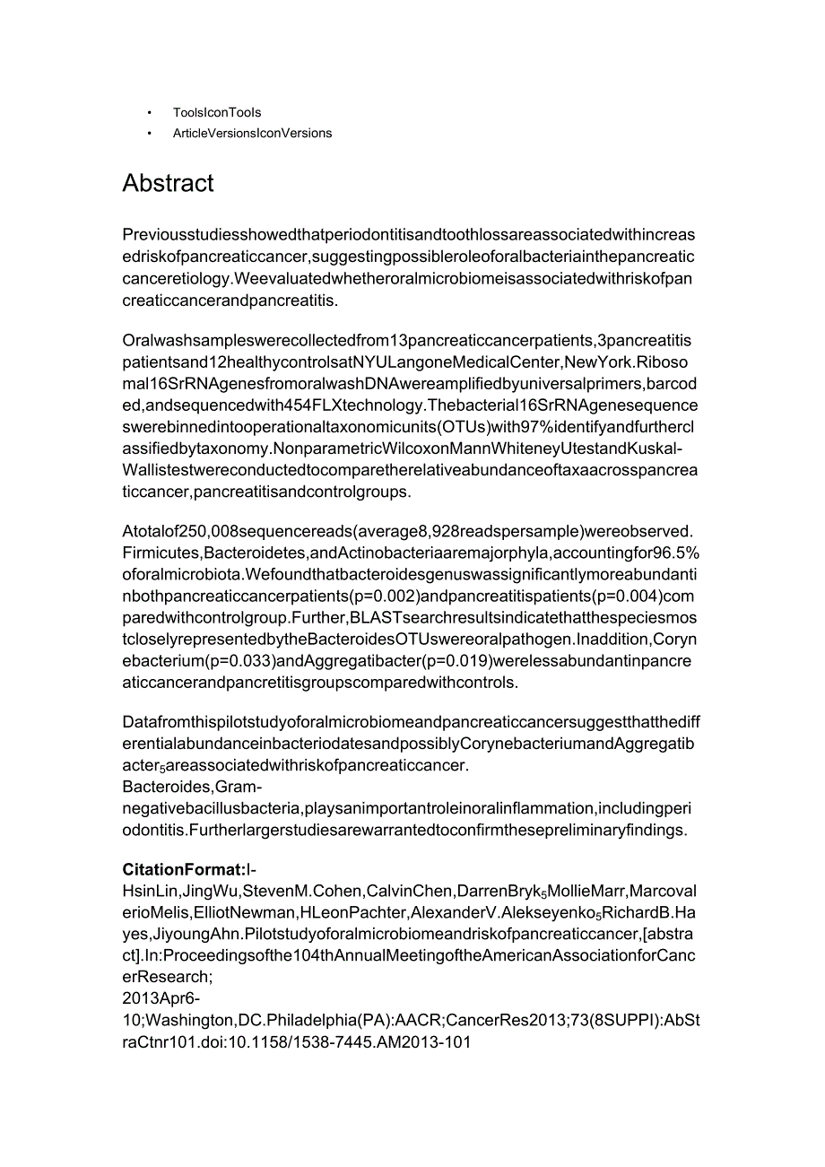 Abstract 101 Pilot study of oral microbiome and risk of pancreatic cancer.docx_第2页