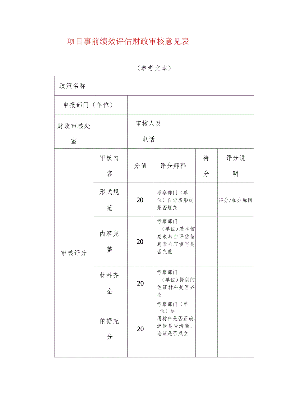 项目事前绩效评估财政审核意见表.docx_第1页