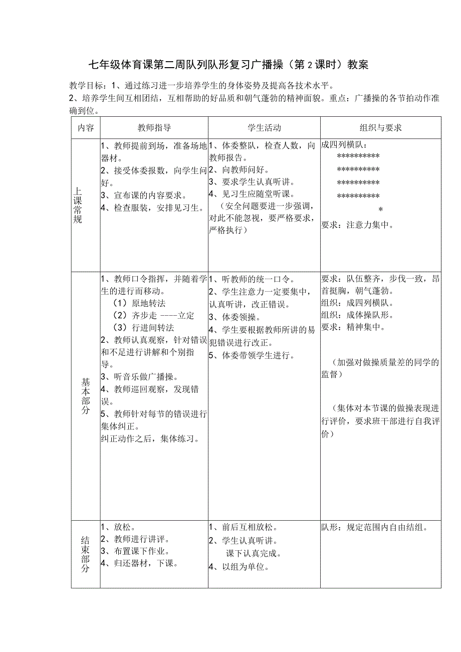 七年级体育课第二周队列队形复习广播操（第2课时）教案.docx_第1页
