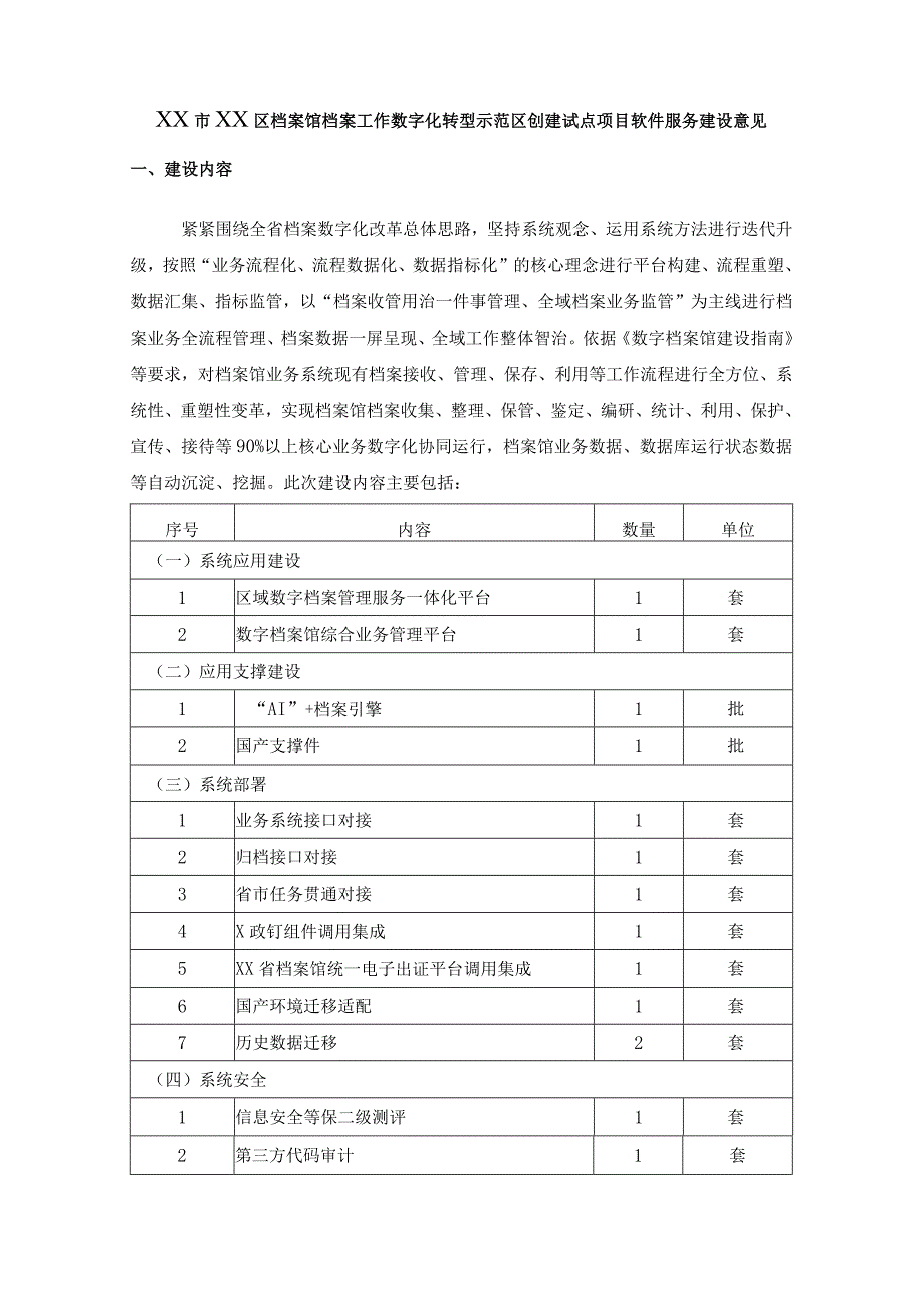 XX市XX区档案馆档案工作数字化转型示范区创建试点项目软件服务建设意见.docx_第1页