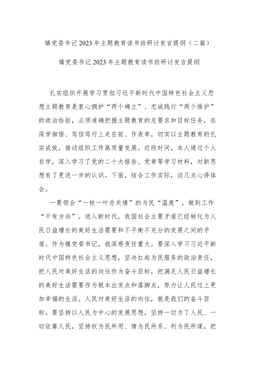 镇党委书记2023年主题教育读书班研讨发言提纲(二篇).docx_第1页