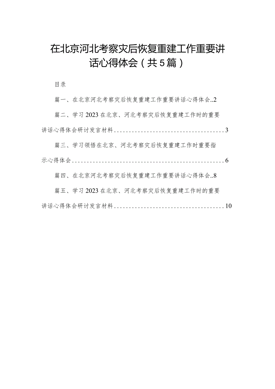 2024在北京河北考察灾后恢复重建工作重要讲话心得体会精选（共五篇）.docx_第1页