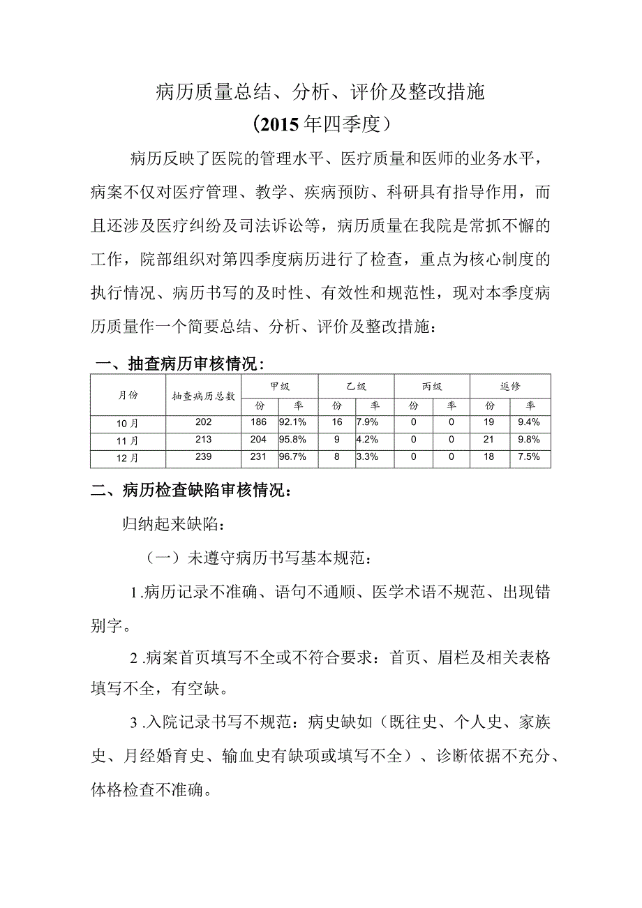 2015年四季度病历质量总结、分析、改进.docx_第1页