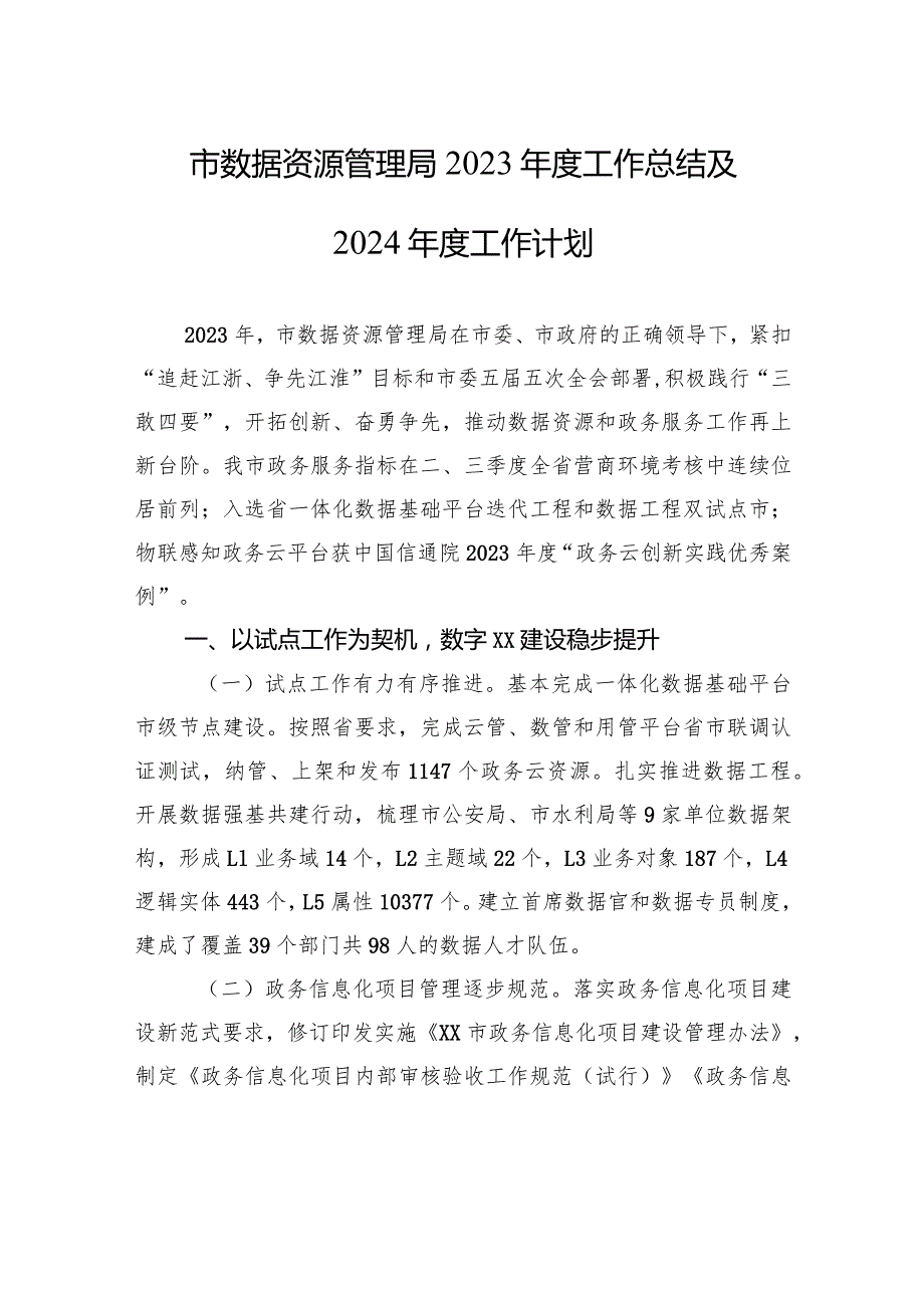 市数据资源管理局2023年度工作总结及2024年度工作计划(20231230).docx_第1页