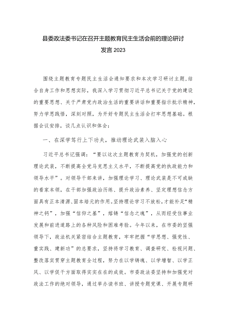 县委政法委书记在召开主题教育民主生活会前的理论研讨发言2023.docx_第1页