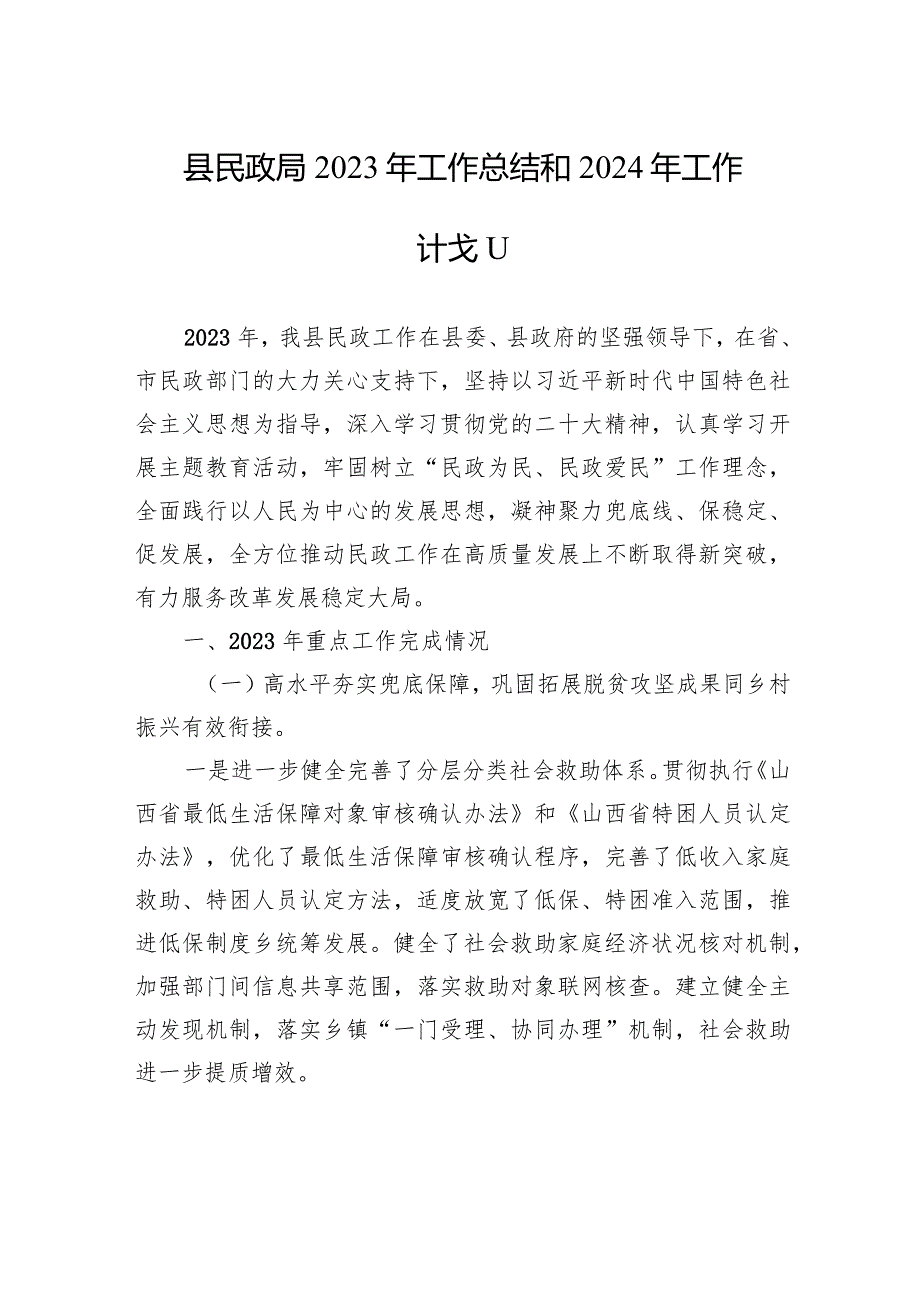 县民政局2023年工作总结和2024年工作计划（20231229）.docx_第1页