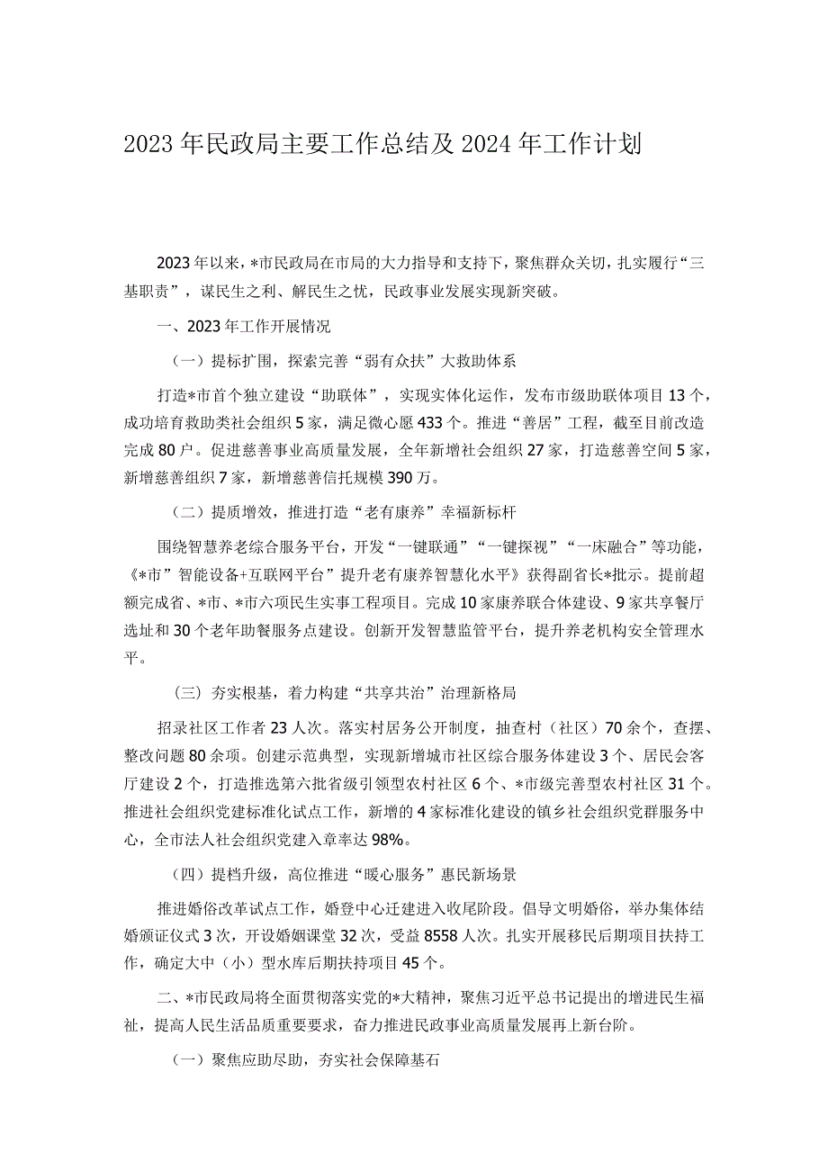 2023年民政局主要工作总结及2024年工作计划.docx_第1页