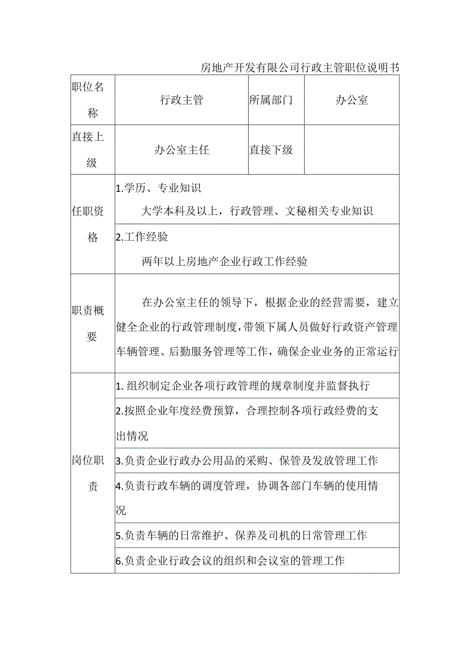 房地产开发有限公司行政主管职位说明书.docx_第1页