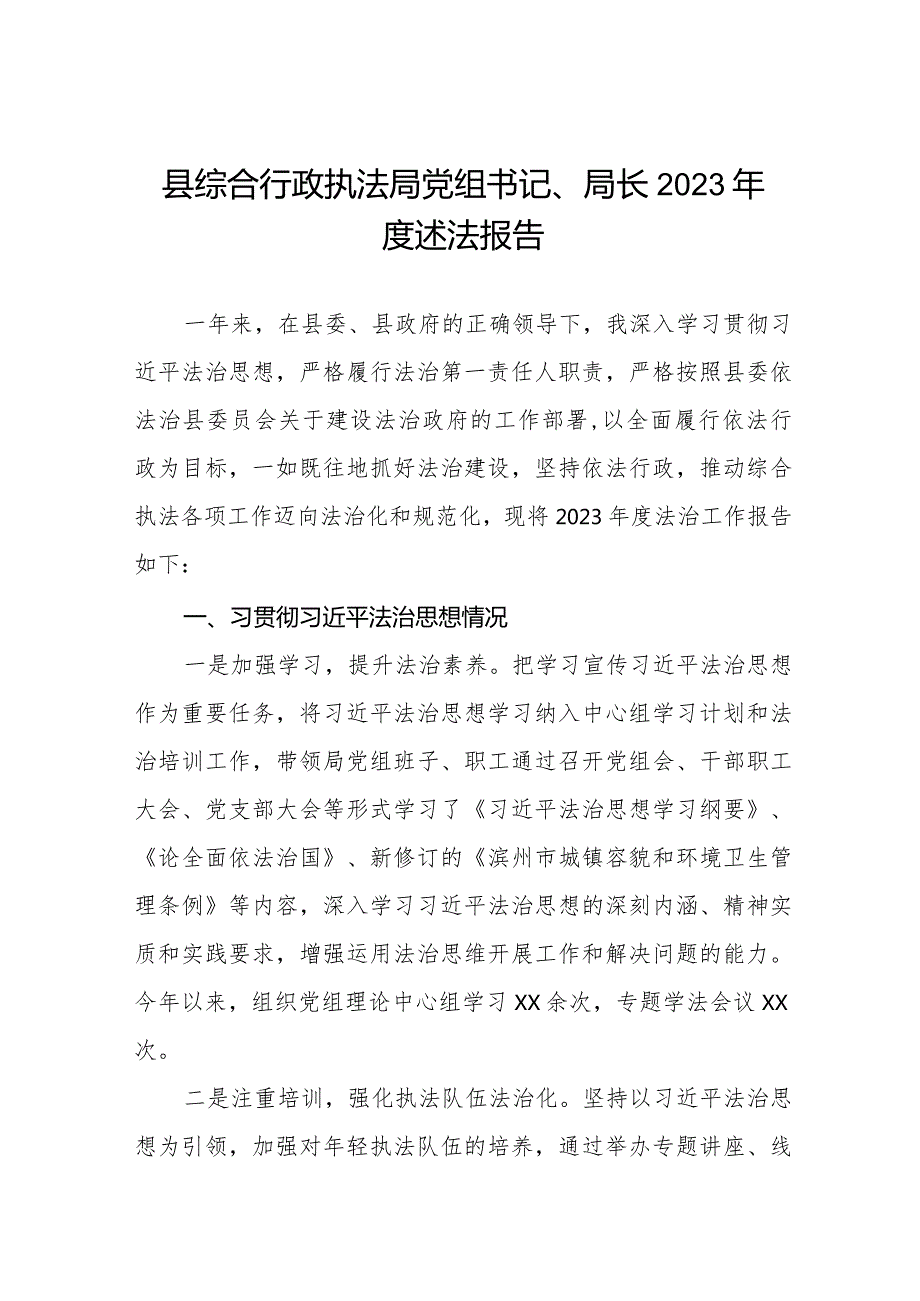 县综合行政执法局党组书记、局长2023年度述法报告.docx_第1页