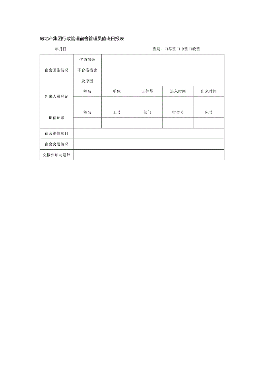 房地产集团行政管理宿舍管理员值班日报表.docx_第1页