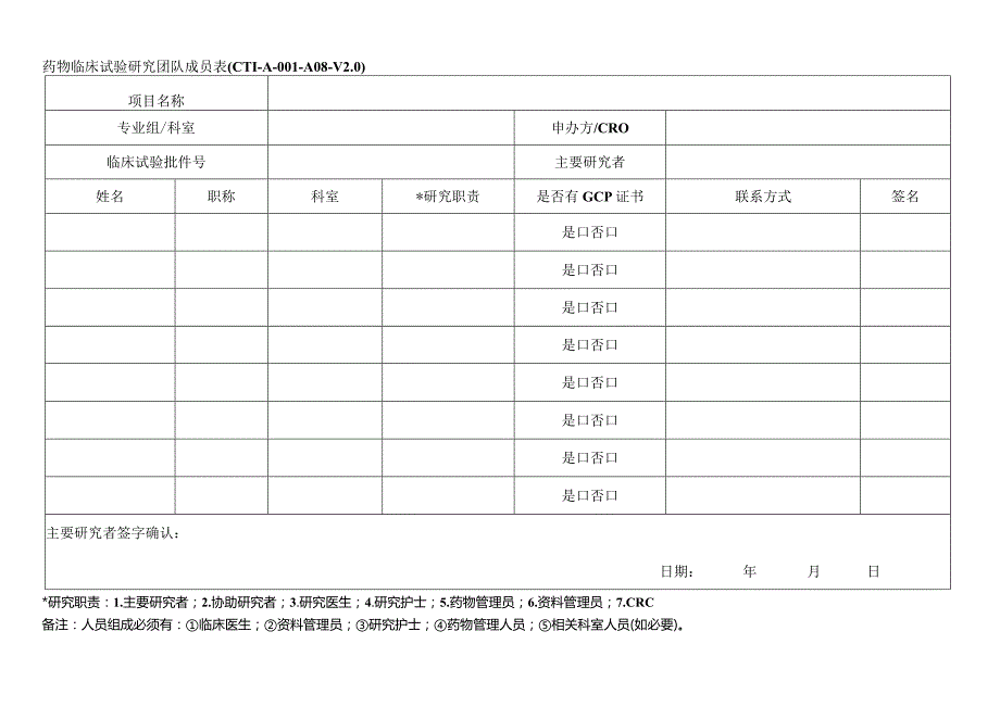 药物临床试验研究团队成员表CTI-A--A08-V0.docx_第1页