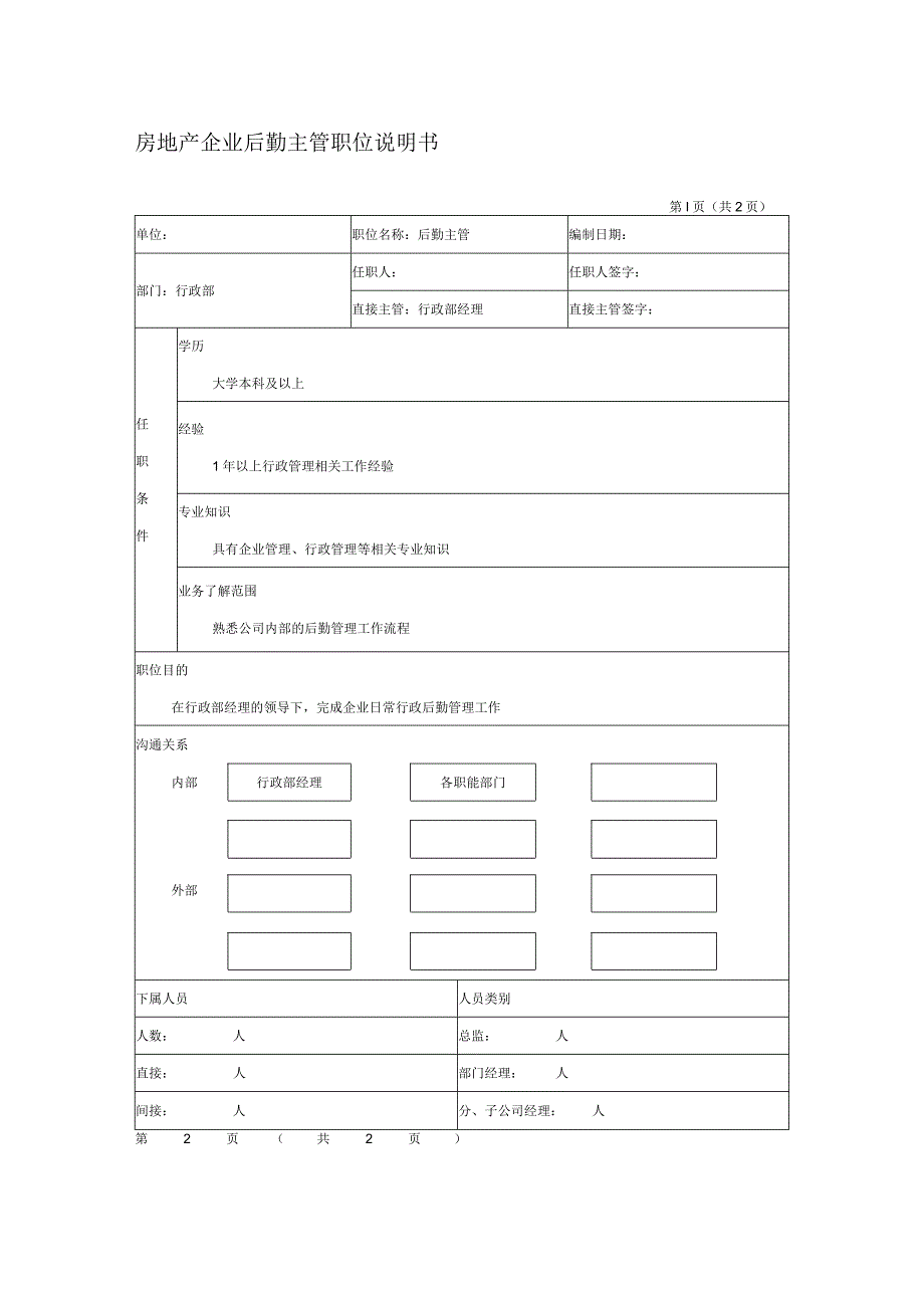 房地产企业后勤主管职位说明书.docx_第1页