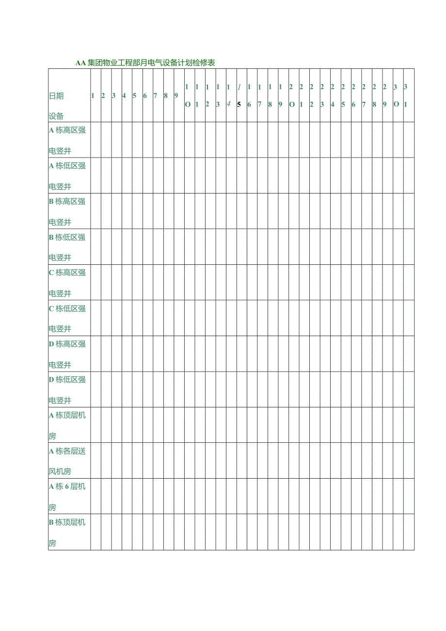 AA集团物业工程部月电气设备计划检修表.docx_第1页