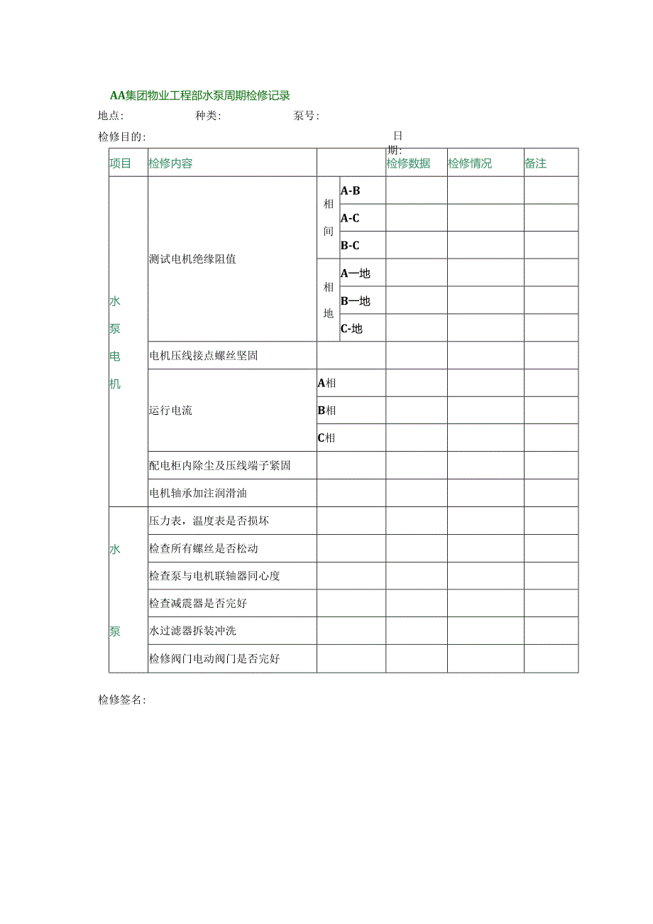 AA集团物业工程部水泵周期检修记录.docx_第1页