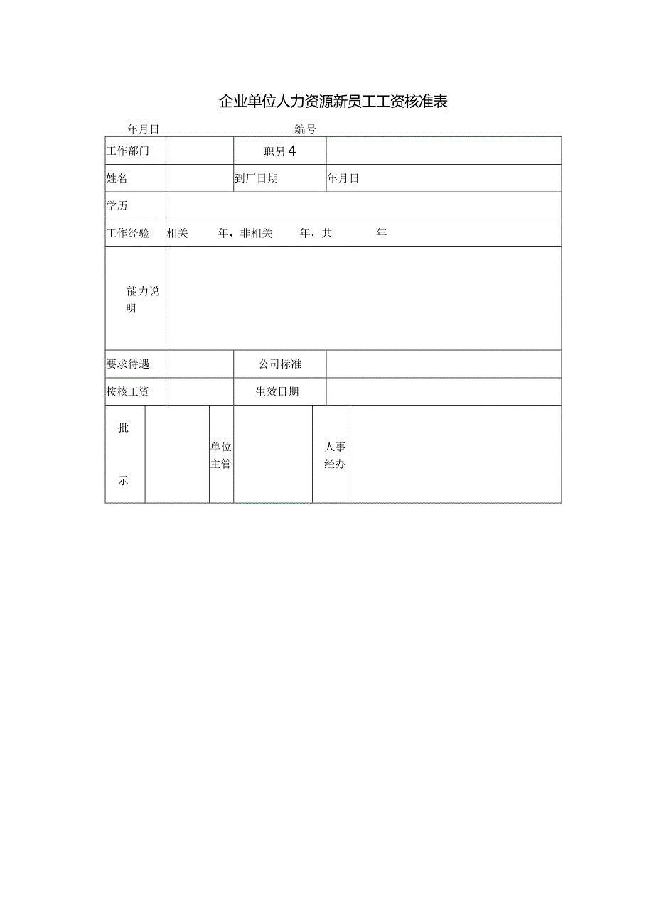 企业单位人力资源新员工工资核准表.docx_第1页