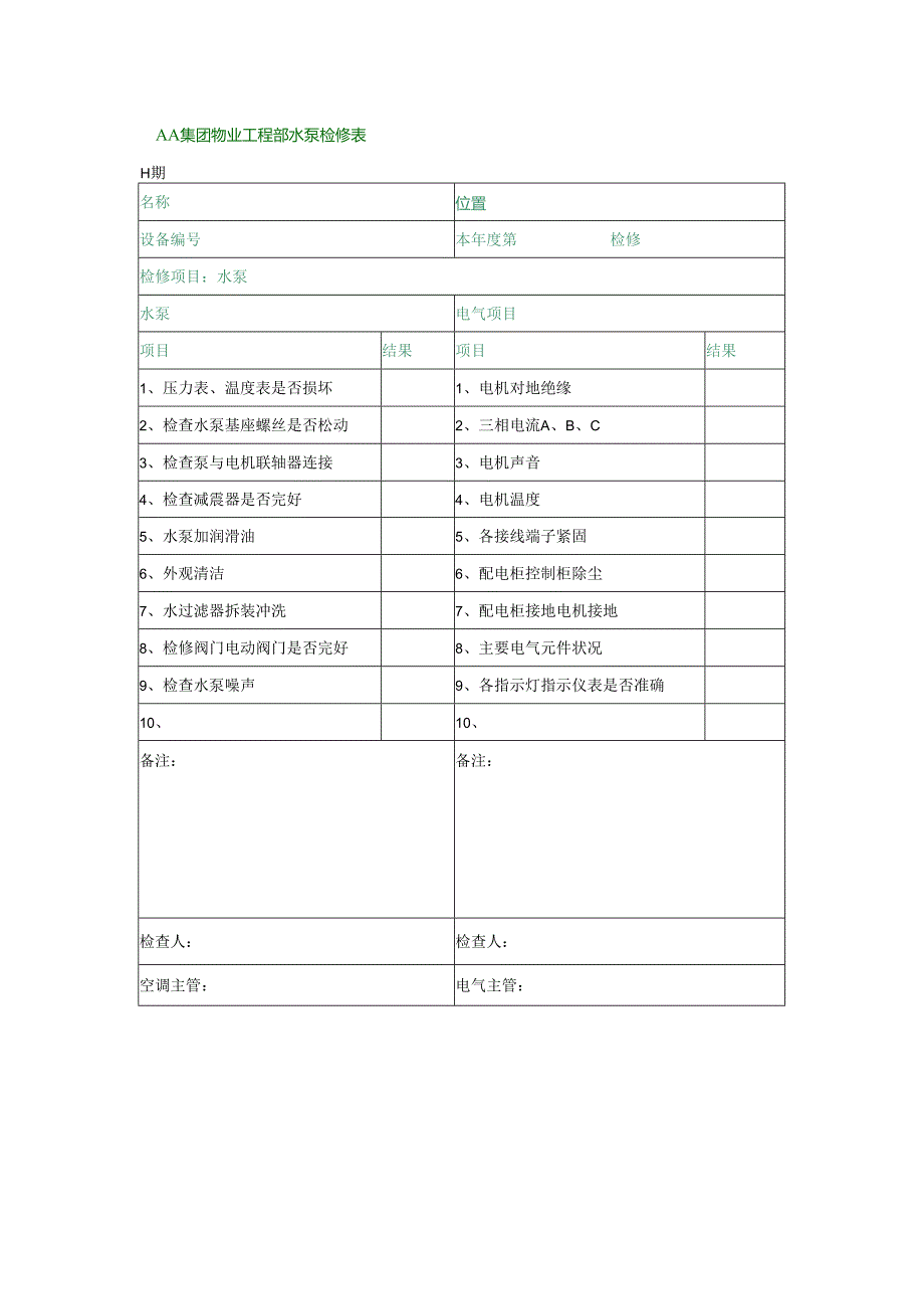 AA集团物业工程部水泵检修表.docx_第1页