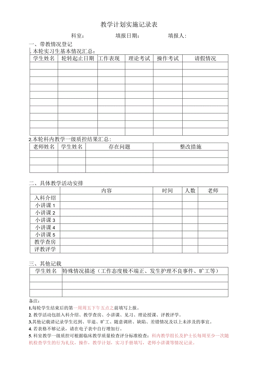 医院教学计划实施记录表电子版（新模板）.docx_第1页