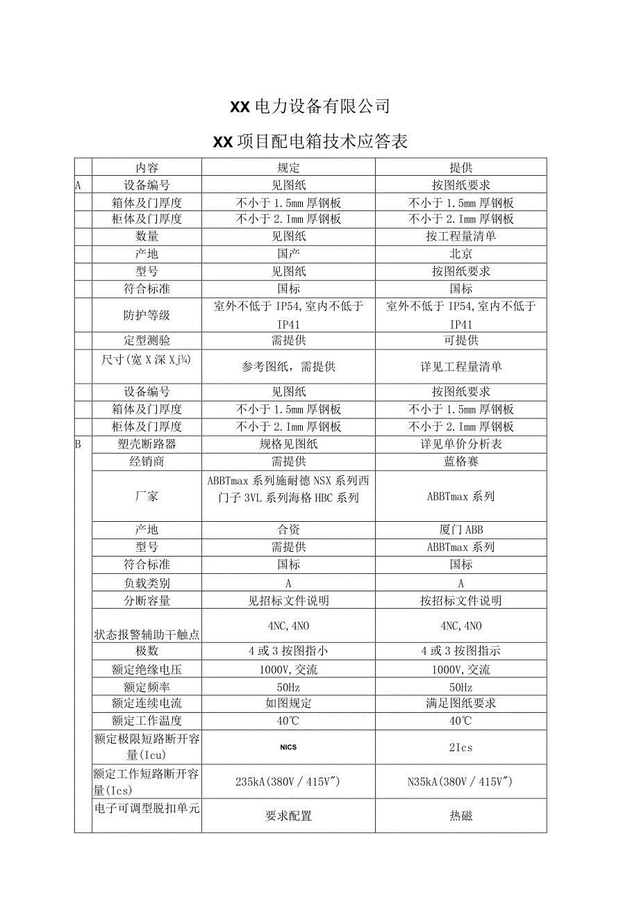 XX电力设备有限公司XX项目配电箱技术应答表（2024年）.docx_第1页