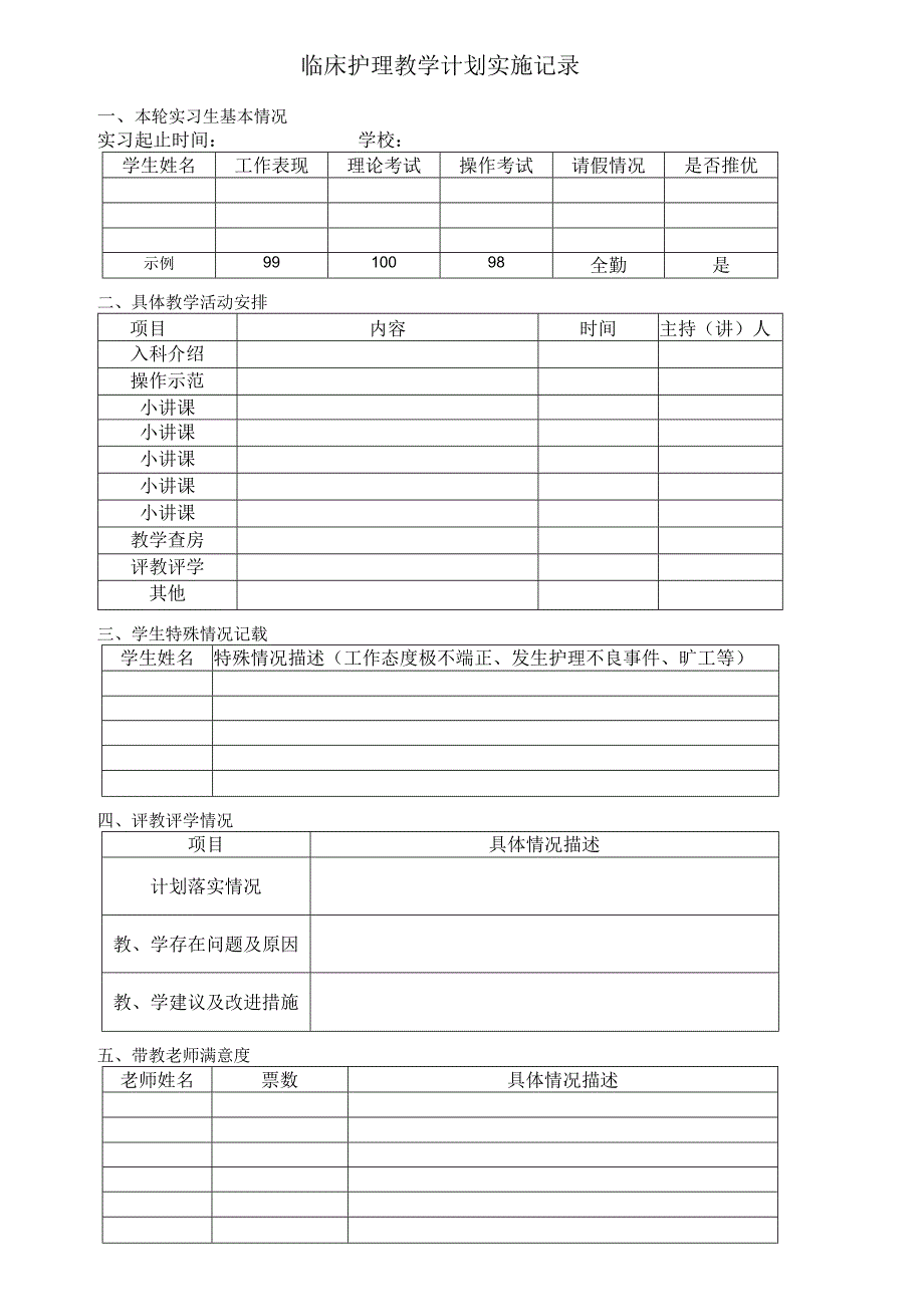 临床护理教学计划实施记录教学报表模版.docx_第1页