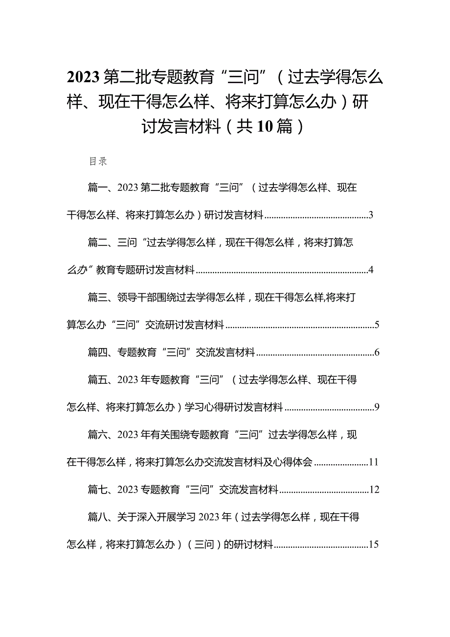 第二批专题教育“三问”（过去学得怎么样、现在干得怎么样、将来打算怎么办）研讨发言材料10篇供参考.docx_第1页