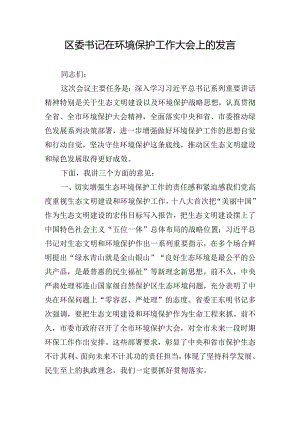 区委书记在环境保护工作大会上的发言.docx