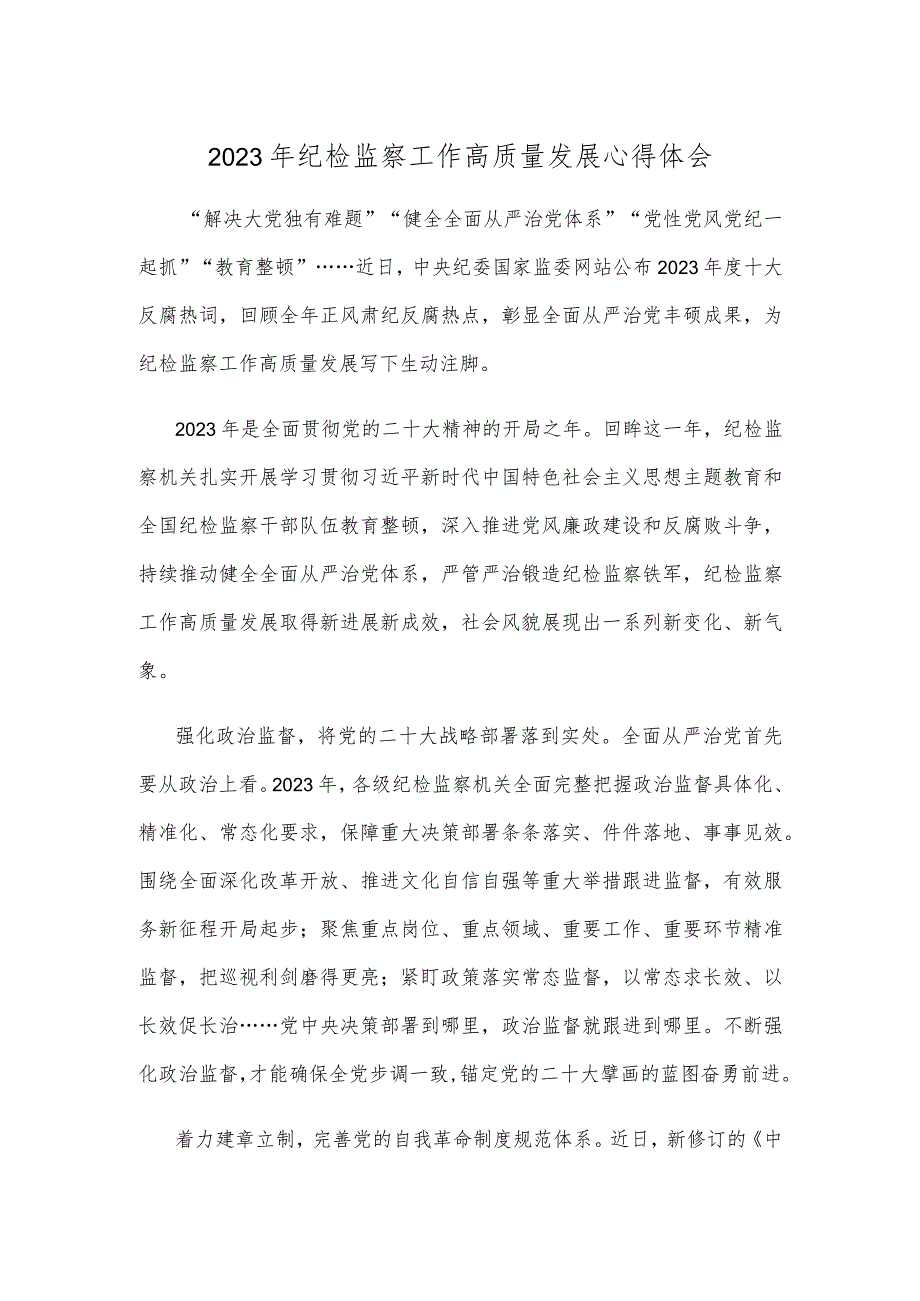 2023年纪检监察工作高质量发展心得体会.docx_第1页