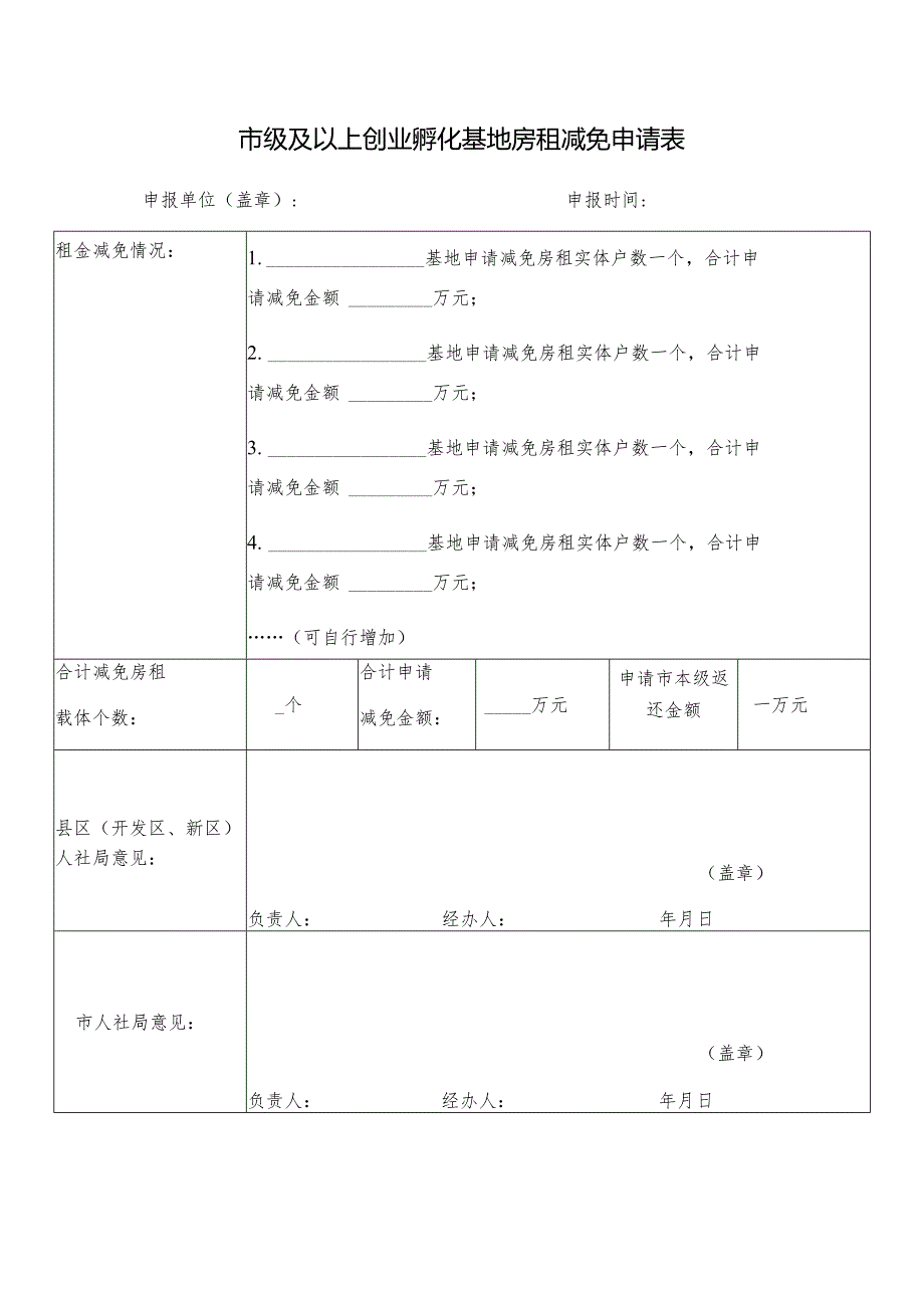 市级及以上创业孵化基地房租减免申请表.docx_第1页