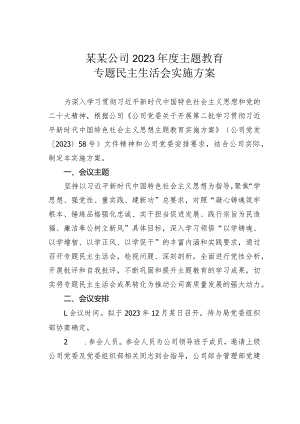 某某公司2023年度主题教育专题民主生活会实施方案.docx