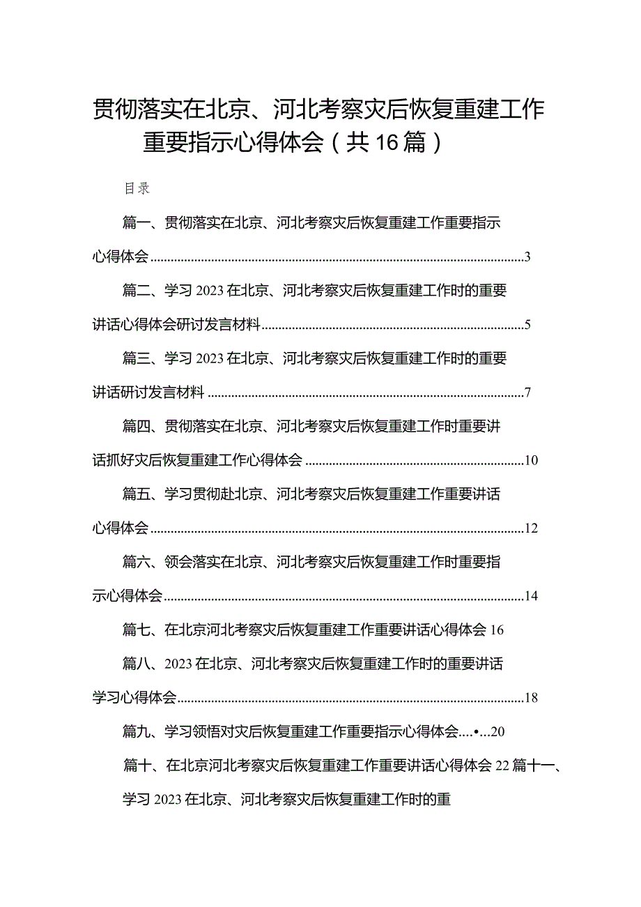 贯彻落实在北京、河北考察灾后恢复重建工作重要指示心得体会16篇供参考.docx_第1页