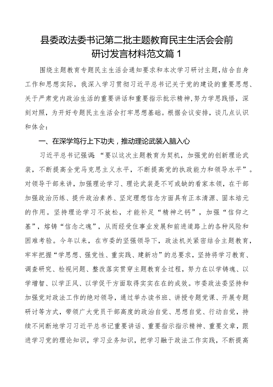 县委政法委书记第二批主题教育民主生活会会前研讨发言材料范文2篇.docx_第1页