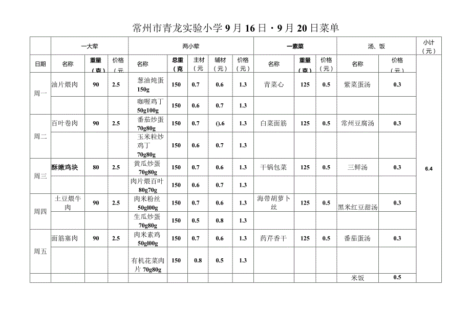 常州市青龙实验小学9月16日-9月20日菜单.docx_第1页