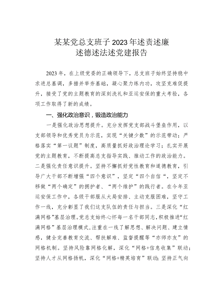 某某党总支班子2023年述责述廉述德述法述党建报告.docx_第1页