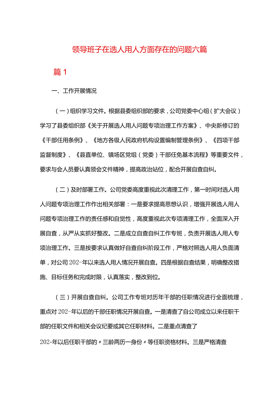 领导班子在选人用人方面存在的问题六篇.docx_第1页