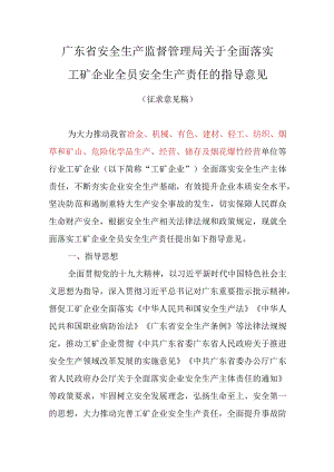 广东省安全生产监督管理局关于全面落实工矿企业全员安全主体责任指导意见征求稿.docx