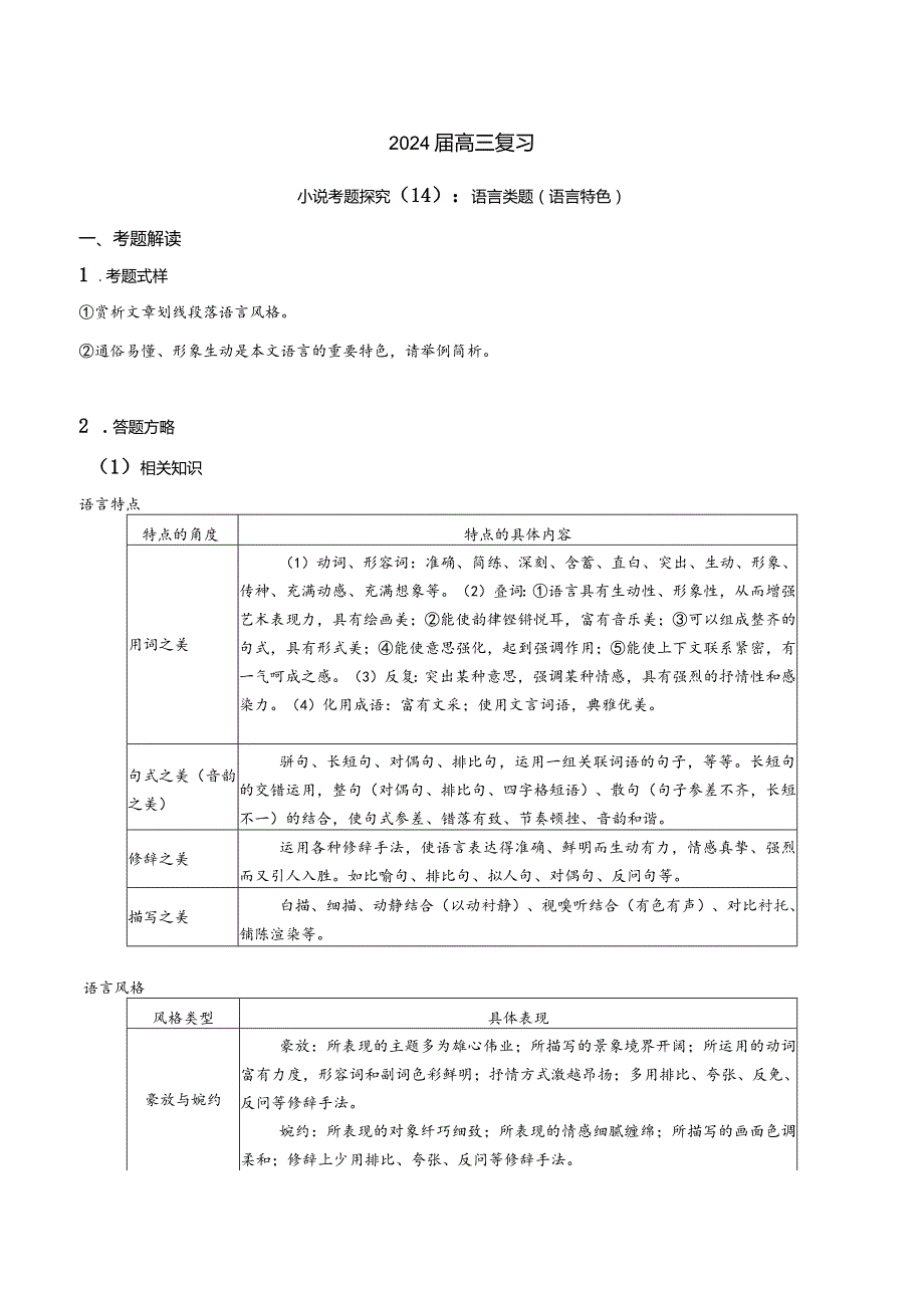 小说文本考题探究专题（通用） 14 语言类题（语言特色与风格）（含答案）.docx_第1页